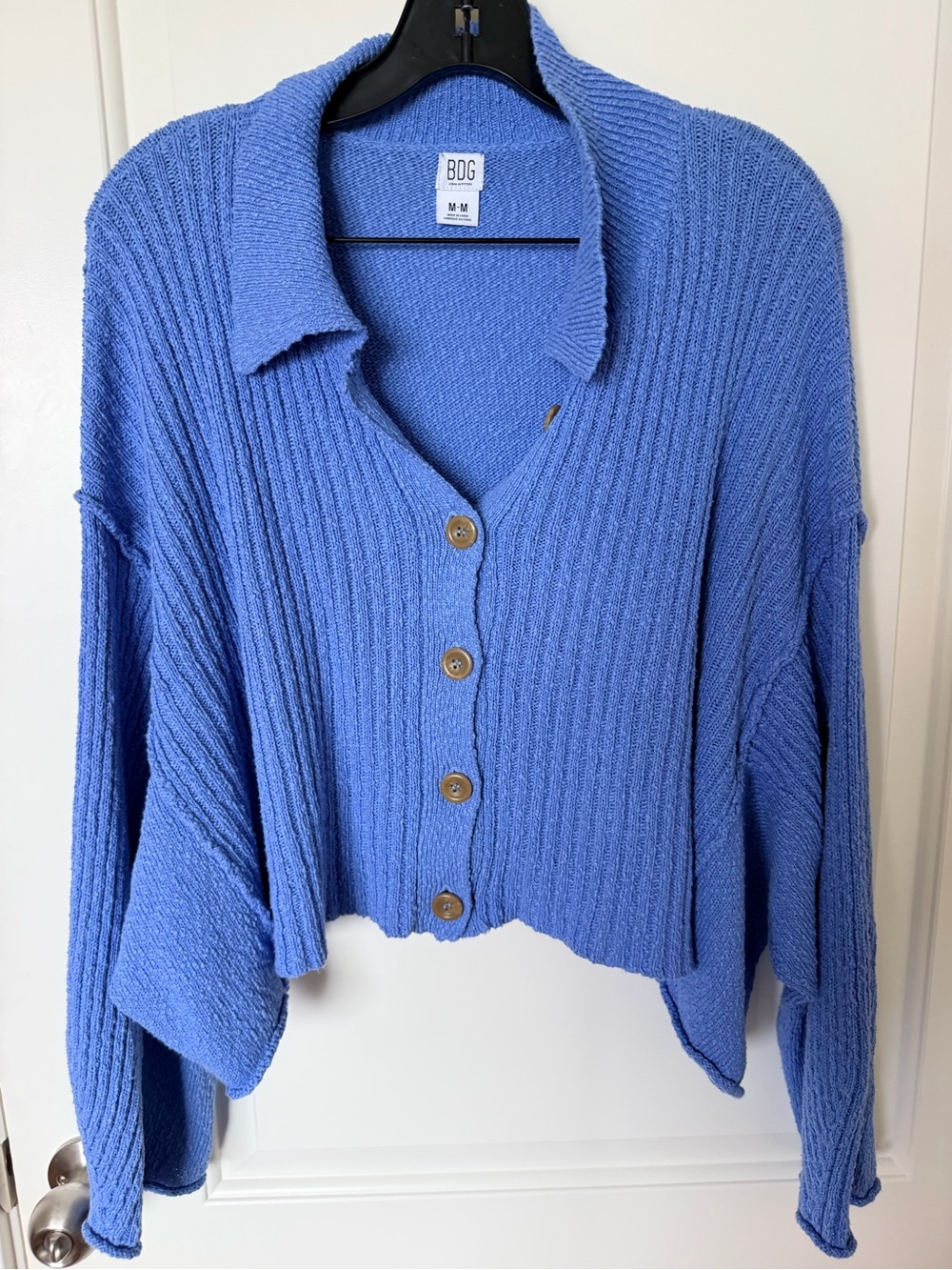 BDG Blue Ribbed Knit Button-Front Cropped Sweater